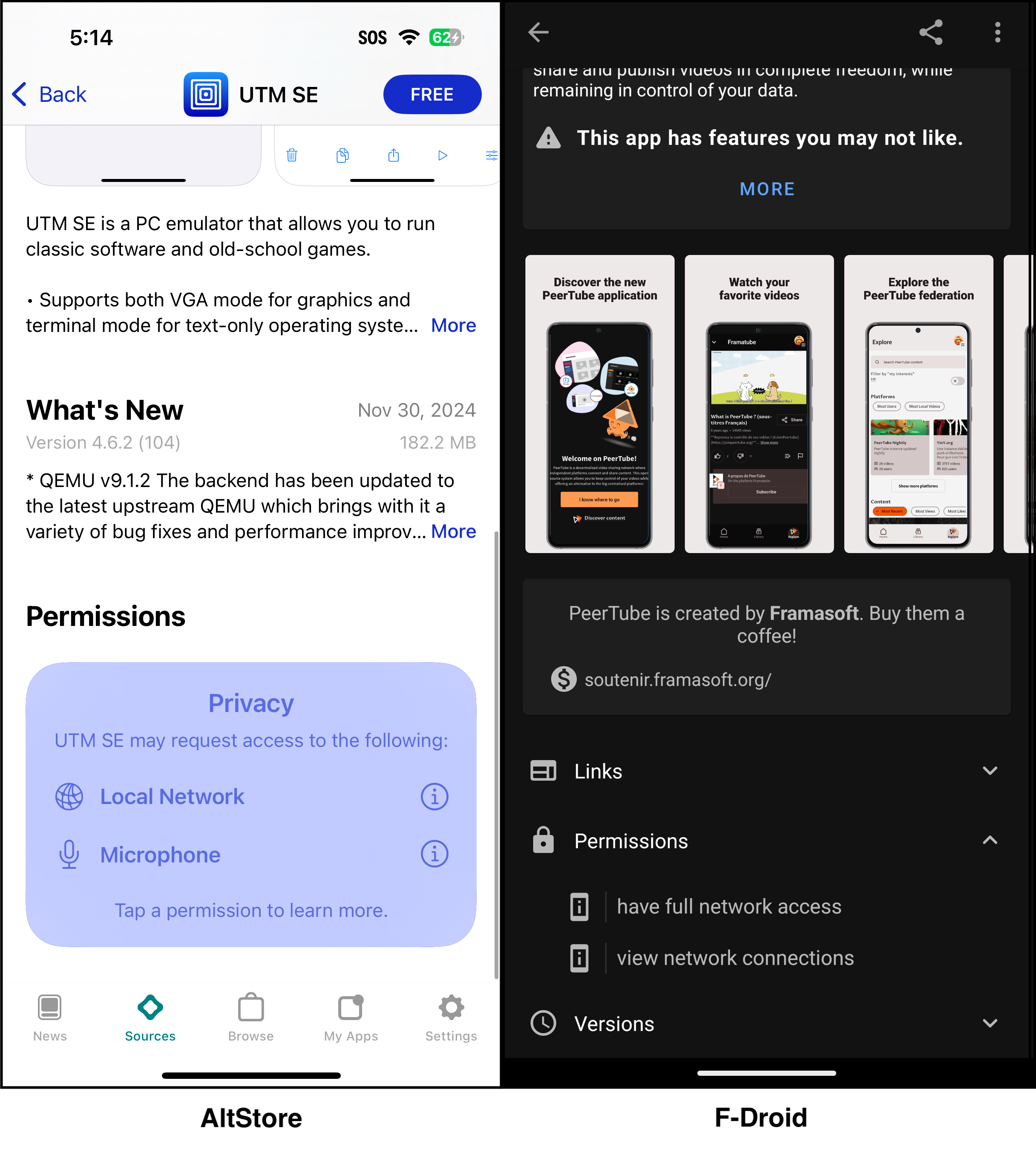 Permission details on AltStore and F-Droid app listing pages